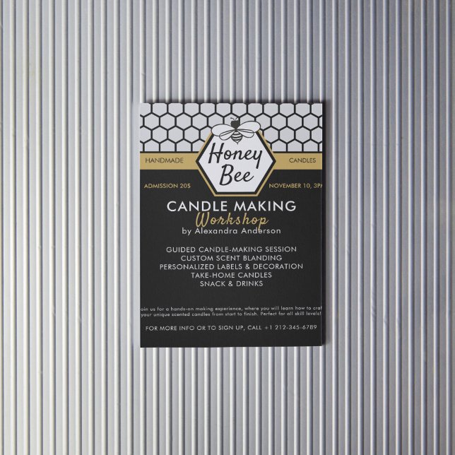 Flyer Taller simple de miel de abeja negro (Simple Honey Bee Honeycomb Black Yellow Workshop Flyer)