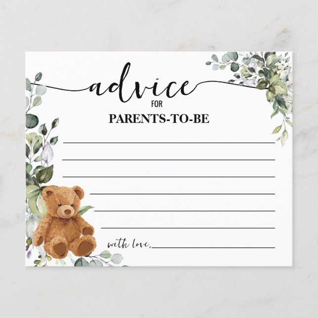 Flyer Tarjeta Baby Shower Bear Greenery Advice para Mamá (Frente)