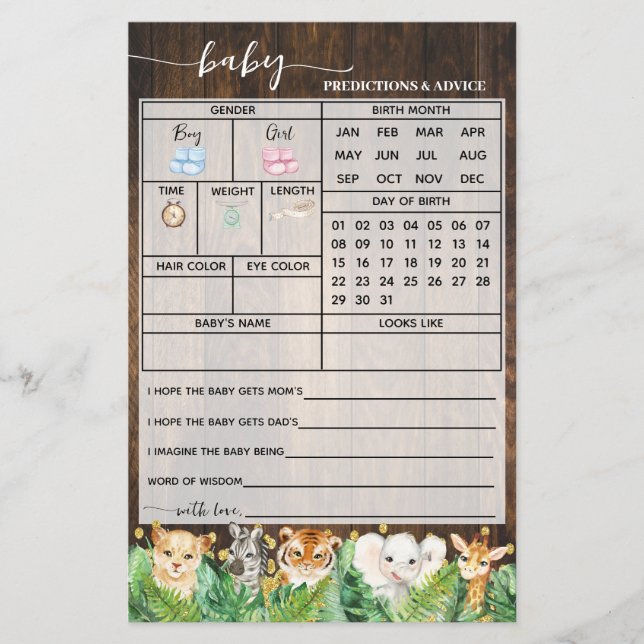 Flyer Tarjeta Baby Shower Rustic Safari Predictions (Frente)