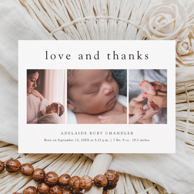 Flyer Tarjeta de agradecimiento para bebé con 3 fotos de (Simple love and thanks 3 photo budget baby thank you card birth announcement.)