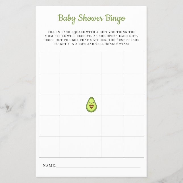 Flyer Tarjeta de Bingo de Baby Kawaii Aguacate Juego de  (Frente)