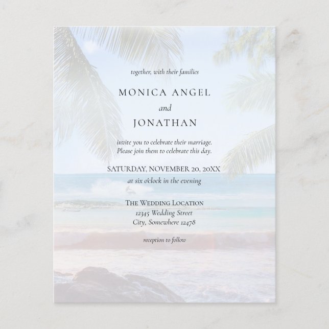 Flyer Tarjeta de boda Budget Tropical Beach Palm VS 2 (Frente)