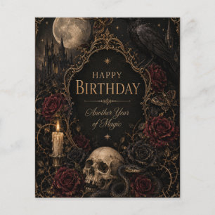 Flyer Tarjeta de cumpleaños gótica, floral oscura, marip