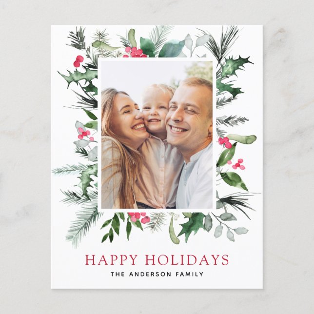 Flyer Tarjeta de foto de Happy Holidays Family Greenery (Frente)