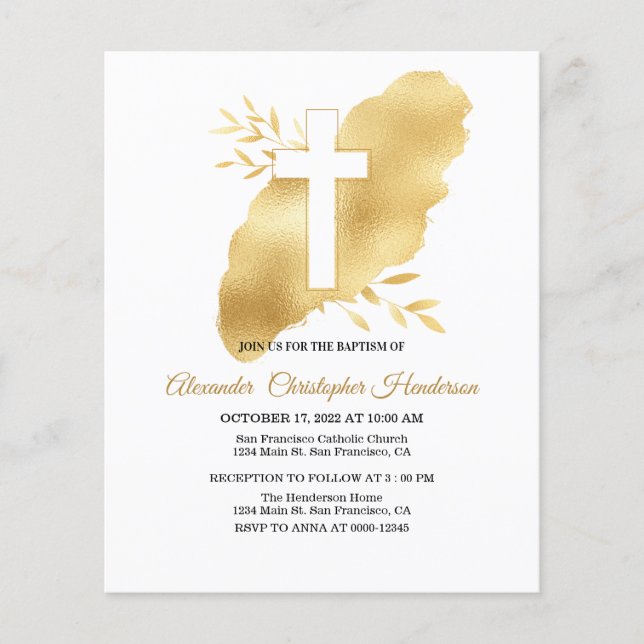 Flyer Tarjeta de invitación de bautizo dorada de bajo pr (Frente)