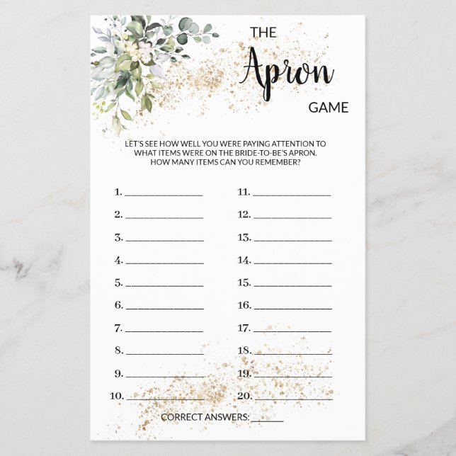 Flyer Tarjeta de juego Apron Bribal Bridal Shower (Frente)