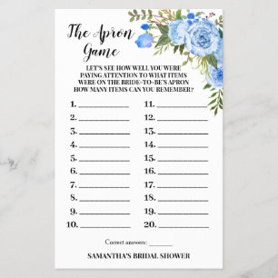 Flyer Tarjeta de juego Apron Bridal Shower Blue Flowers