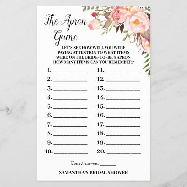 Flyer Tarjeta de juego Apron Bridal Shower Pink Flowers (Frente)