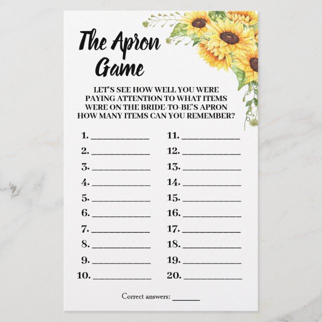 Flyer Tarjeta de juego Apron Bridal Shower Sunflowers (Frente)