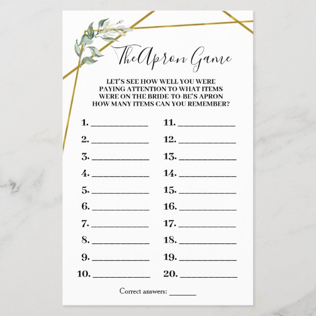 Flyer Tarjeta de juego Apron Game Greenery Gold Shower (Frente)