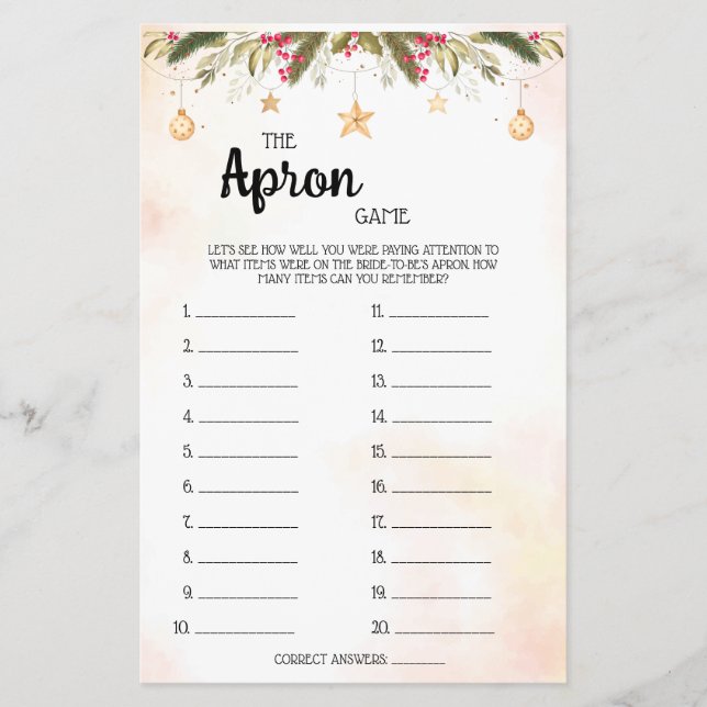 Flyer Tarjeta de juego Apron Game Navidades Bridal Showe (Frente)