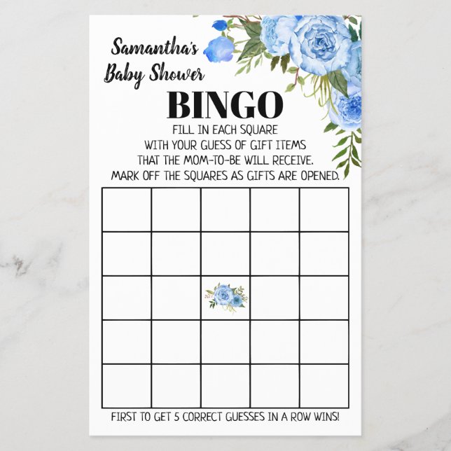 Flyer Tarjeta de juego azul Baby Shower Bingo en español (Frente)