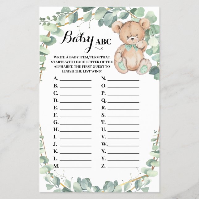 Flyer Tarjeta de juego Baby Shower Bear Greenerenery Bab (Frente)