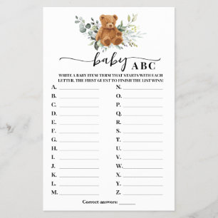 Flyer Tarjeta de juego Baby Shower Bear Greenerenery Bab