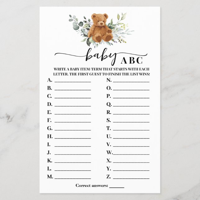 Flyer Tarjeta de juego Baby Shower Bear Greenerenery Bab (Frente)