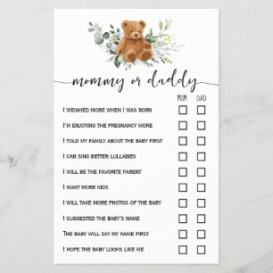 Flyer Tarjeta de juego Baby Shower Bear Greenery Mom o D