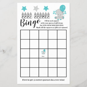 Flyer Tarjeta de juego Baby Shower Bingo Blue Elephant B