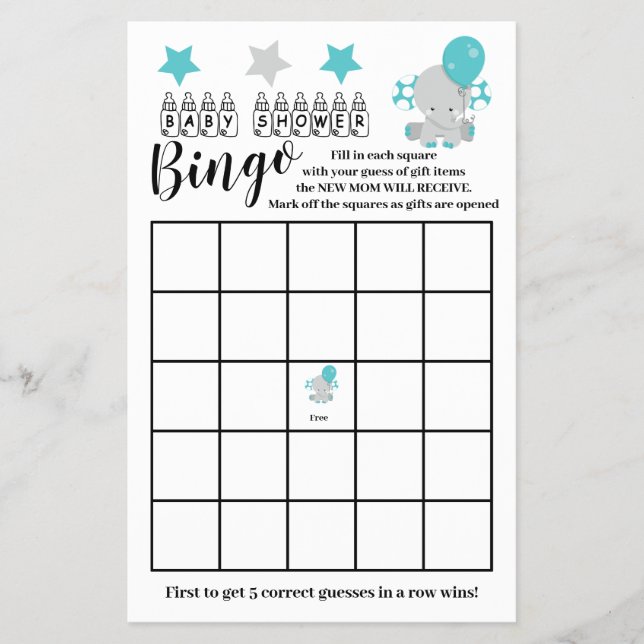 Flyer Tarjeta de juego Baby Shower Bingo Blue Elephant B (Frente)