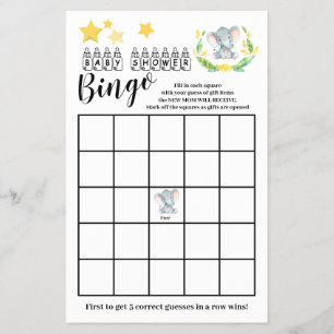 Flyer Tarjeta de juego Baby Shower Bingo Sweet Elephant
