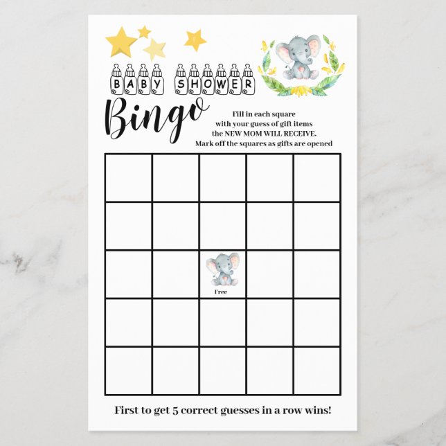 Flyer Tarjeta de juego Baby Shower Bingo Sweet Elephant (Frente)