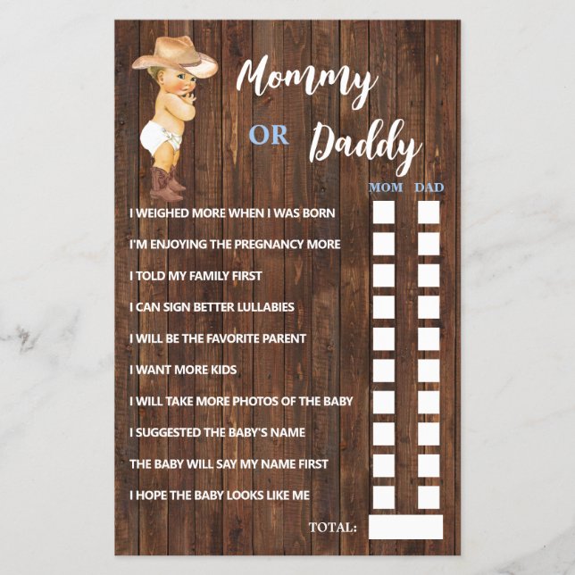 Flyer Tarjeta de juego Baby Shower Cowboy Mom o Dad Said (Frente)