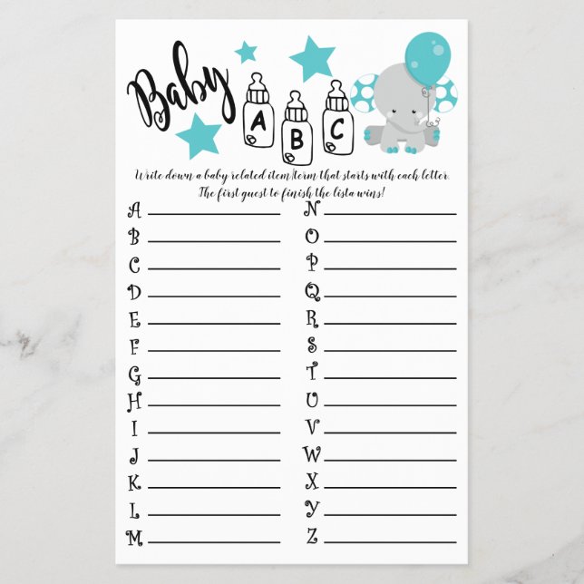 FLYER TARJETA DE JUEGO BABY SHOWER DE BLUE BALLOON ELEPH (Frente)