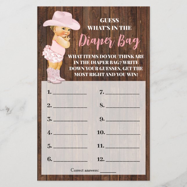 Flyer Tarjeta De Juego Baby Shower De Cowgirl De Bolsa D (Frente)