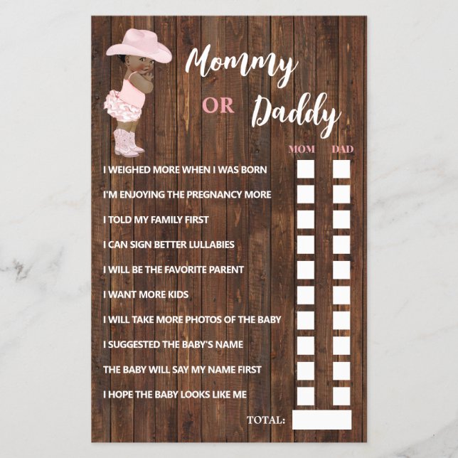 Flyer Tarjeta de juego Baby Shower de Cowgirl Mom o Dad  (Frente)