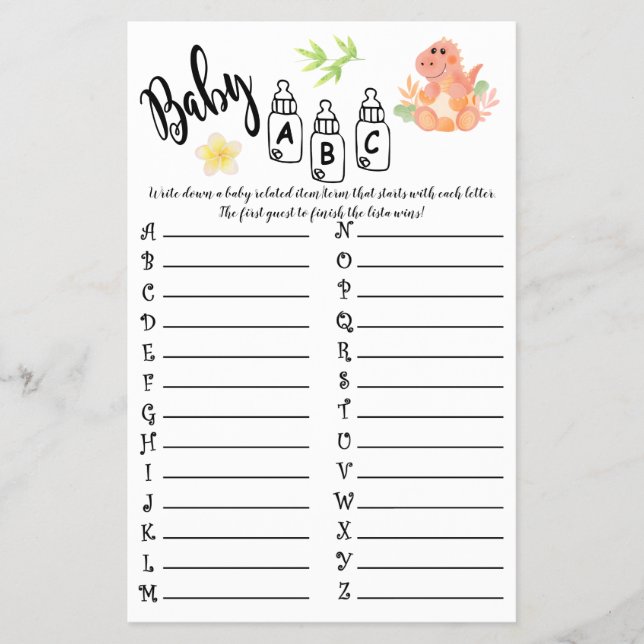 FLYER TARJETA DE JUEGO BABY SHOWER DE DINOSAUR BABY ABC (Frente)