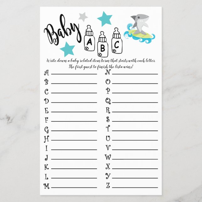 FLYER TARJETA DE JUEGO BABY SHOWER DE SHARK BABY ABC (Frente)