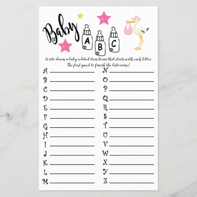 FLYER TARJETA DE JUEGO BABY SHOWER DE STORK BABY ABC (Frente)
