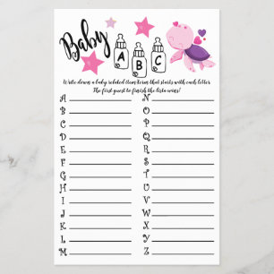 FLYER TARJETA DE JUEGO BABY SHOWER DE TURTLE BABY ABC