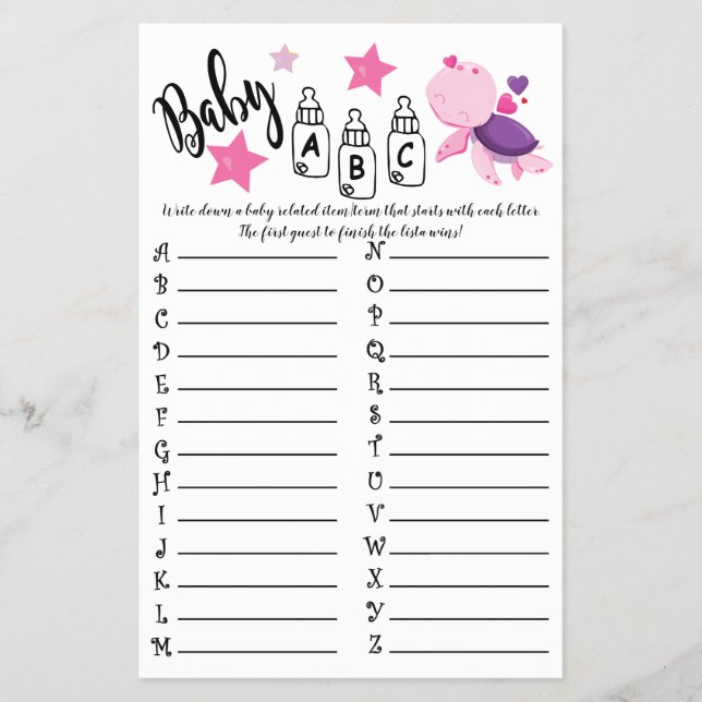 FLYER TARJETA DE JUEGO BABY SHOWER DE TURTLE BABY ABC (Frente)
