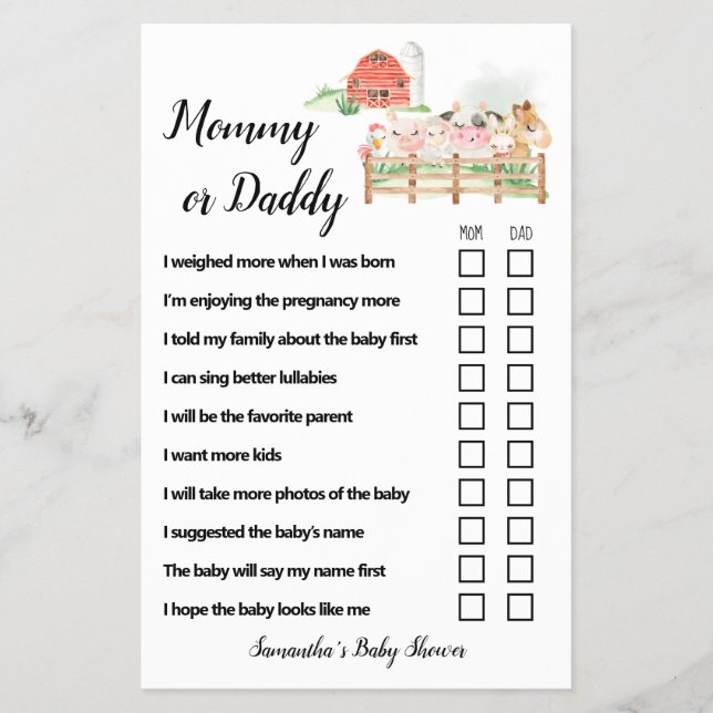 Flyer Tarjeta de juego Baby Shower para animales de gran (Frente)