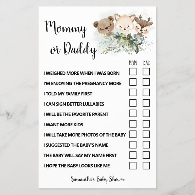 Flyer Tarjeta de juego Baby Shower para animales del bos (Frente)