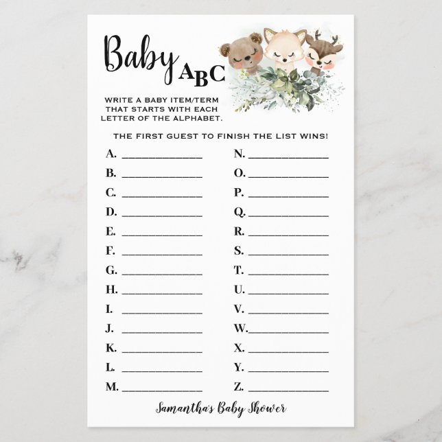 Flyer Tarjeta de juego Baby Shower para bebés de Forest  (Frente)