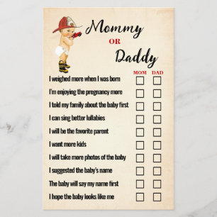 Flyer Tarjeta de juego Baby Shower para mamá o papá