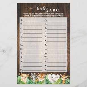 Flyer Tarjeta de juego Baby Shower Rustic Safari Baby AB