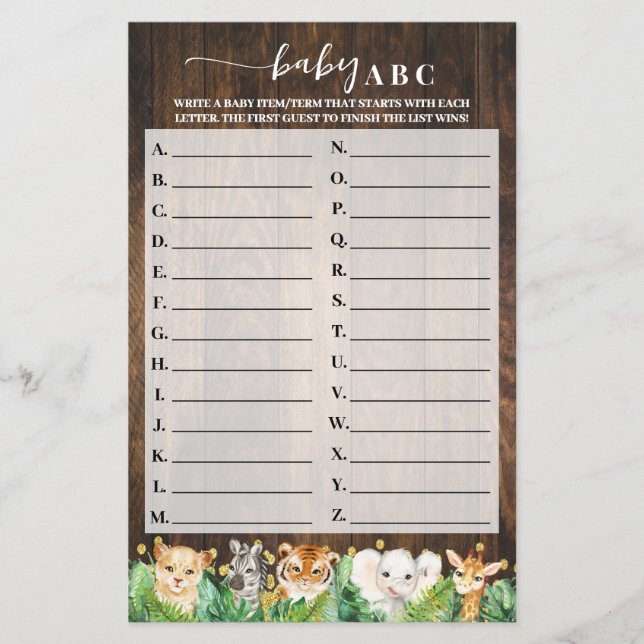 Flyer Tarjeta de juego Baby Shower Rustic Safari Baby AB (Frente)
