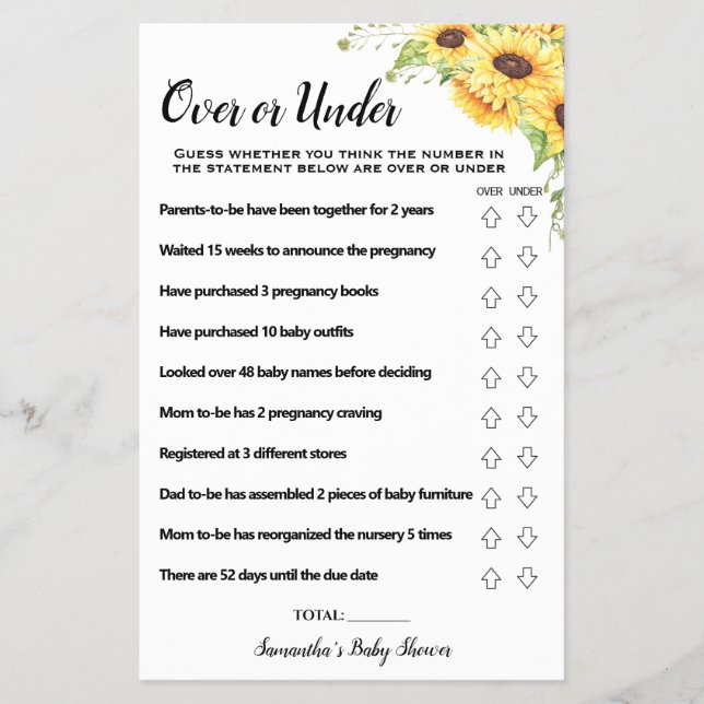 Flyer Tarjeta de juego Baby Shower sobre o debajo de gir (Frente)