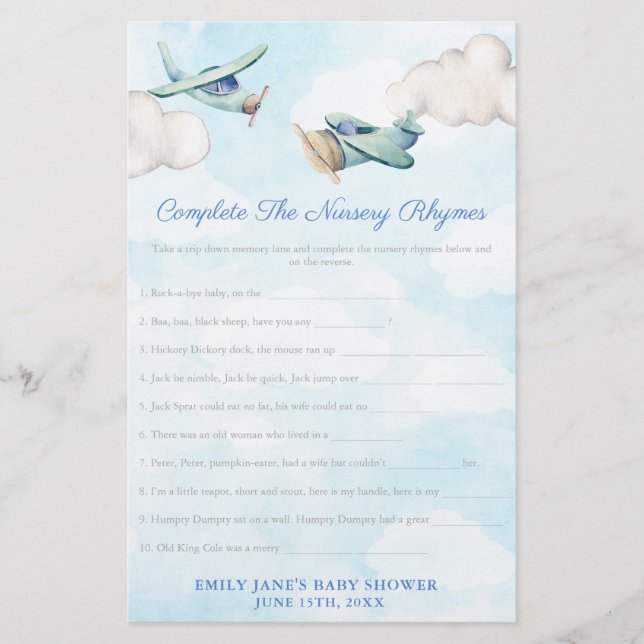 Flyer Tarjeta de juego Baby Shower Toy Airplane Nursery  (Frente)