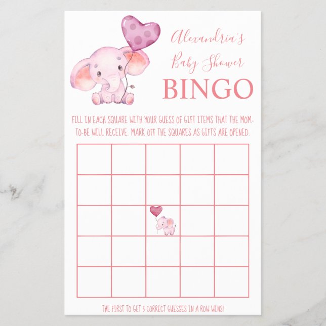 Flyer Tarjeta de juego Bingo Baby Elephant Baby Shower (Frente)