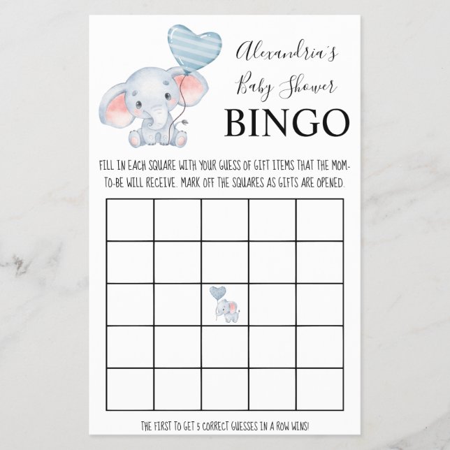 Flyer Tarjeta de juego Bingo Baby Elephant Baby Shower (Frente)
