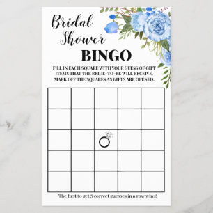 Flyer Tarjeta de juego Bridal Shower Bingo Blue Flowers