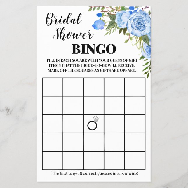Flyer Tarjeta de juego Bridal Shower Bingo Blue Flowers (Frente)