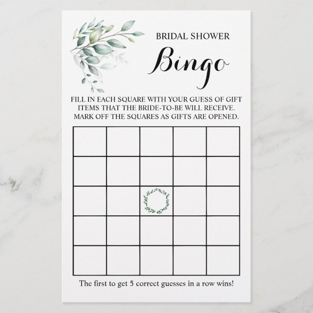 Flyer Tarjeta de juego Bridal Shower Bingo Greenery Euca (Frente)