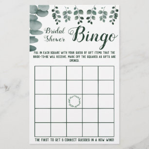 Flyer Tarjeta de juego Bridal Shower Bingo Greenery Euca