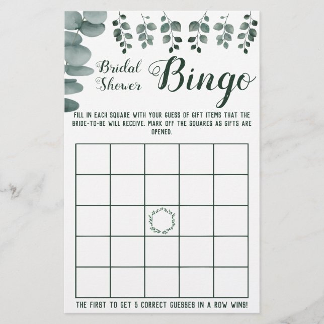 Flyer Tarjeta de juego Bridal Shower Bingo Greenery Euca (Frente)