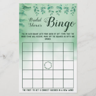 Flyer Tarjeta de juego Bridal Shower Bingo Greenery Euca