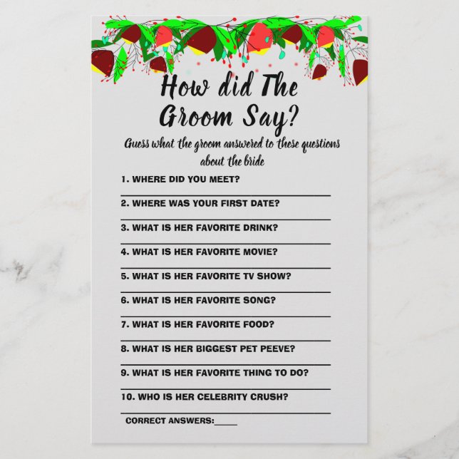 Flyer Tarjeta de juego Bridal Shower What do the Groom S (Frente)